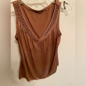 Tahari 100% Silk Brown Sleeveless Blouse Top V Neck Embroidered Collar